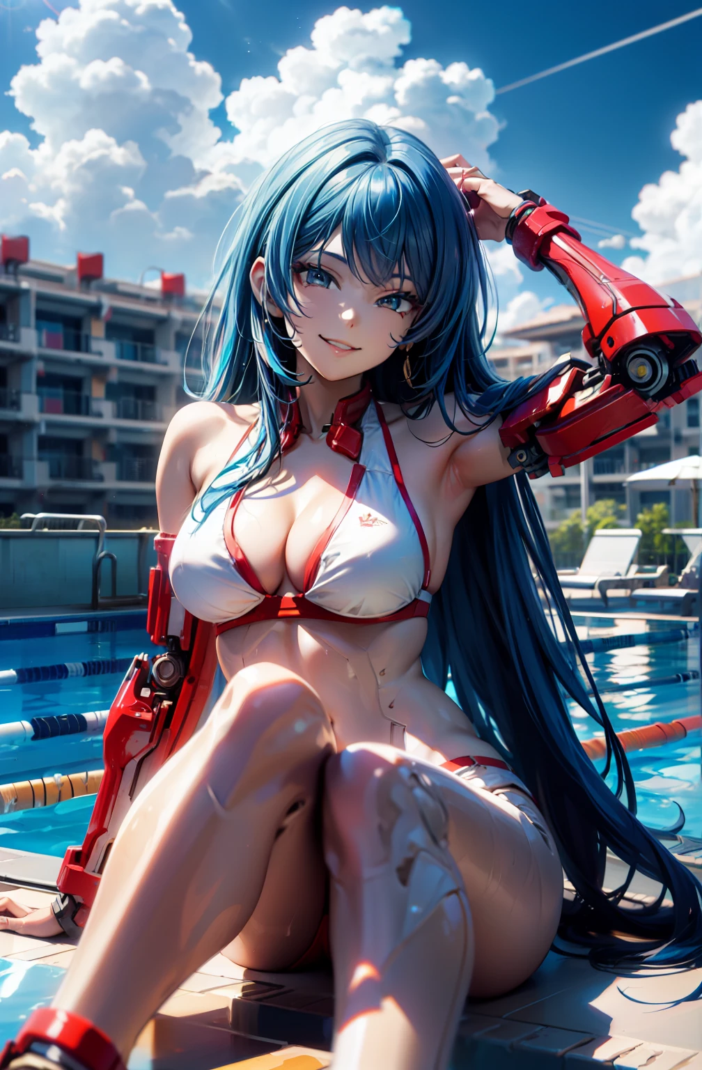 hyper quality、8K quality、High resolution、Image quality taken with a single-lens reflex camera、(SFW)、perfect anatomy、(Crimson theme)tragic mecha girl、A beautiful 20-year-old girl with medium-length blue hair.brown eyes(smile:1.5)(Good shape and normal 、cleavagWhite Bikini Swimsuit:1.2)BREAK(The arms below the elbows and the legs below the knees are three-dimensional mechanical parts.)BREAK(perfect anatomy:1.4)(sitting:1.2)K(Sunny skies and some clouds)(Poolside resort:1.5)