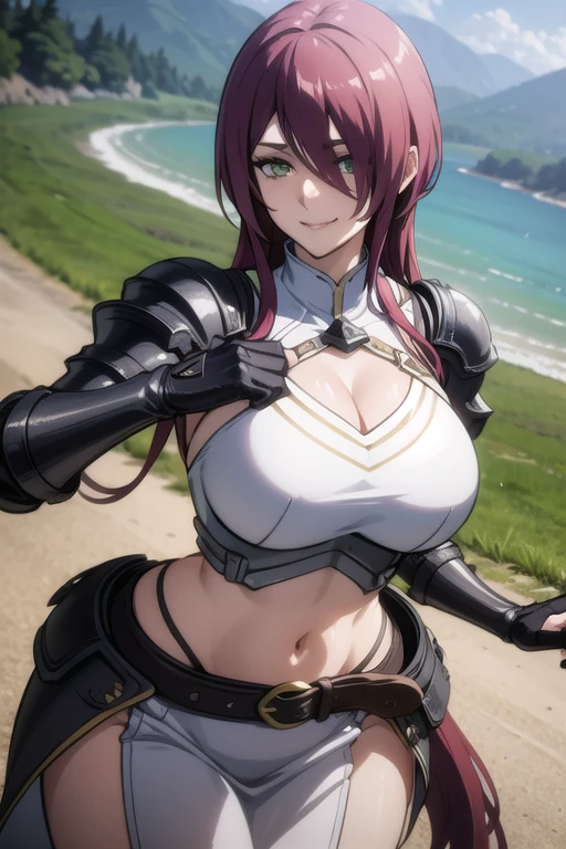 mature women,milf,large breast,beautiful face,long hair, shiny hair, green eyes,high detailed,red hair, hair over one eye,masterpiece,cowboy shot,perfect anatomy,cleveage,dynamic pose,((wearing armour)), cleavage, curvy,midriff, thigh strap, boots, outdoor, adventurer, knight,evil smile,slim muscle body,