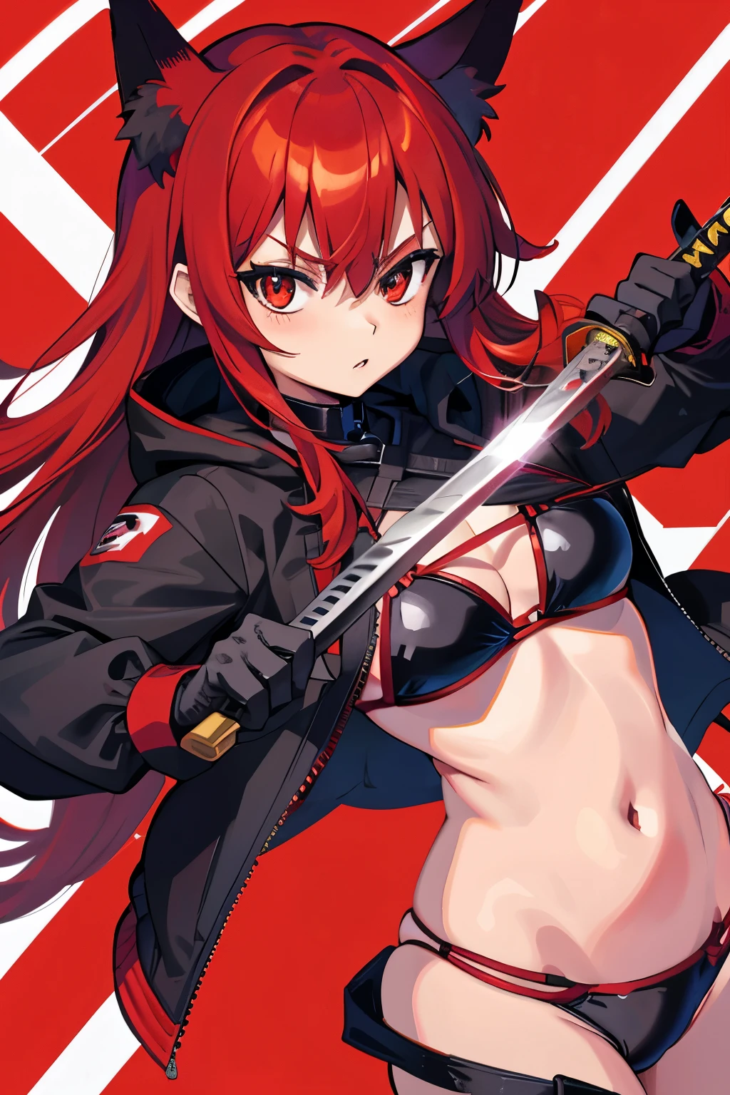 Fox Demon Little Red Lady, Schwarz Bikini, Open red big jacket, Rotes Katana