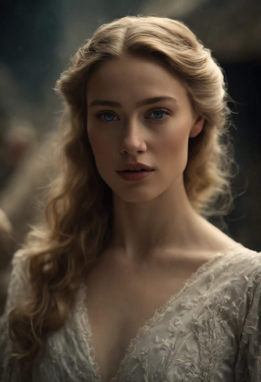 Played by Amber Heard, young nobleman stands on a snowy castle balcony overlooking a snow-covered landscape, Night, wearing a medival dress with gold details., snowy medieval atmosphere, midNoche, mysterious, snowstorm, Gothic, cinematographic,  (Masterpiece, Best quality, high resolution:1.4), 1 girl, purity, skin pores texture, Blonde hair..., hd , Photography, Movie, cinematographic, full body, realistic, (8K, raw photo, Best quality, Masterpiece:1.2), (realistic, photo-realistic:1.33), Best quality, detailed light blue eyes, cute, natural lighting, Depth of field, Movie grain, wrinkled skin, very pale skin, Sharp, detailed and realistic full body shot of a 25 years old girl faced by Amber Heard, (freckles:0. 5) , outside, wearing a white t-shirt, looking to the camera, chapped lips, soft natural lighting, Full body photography, Magic photography, dramatic lighting, Photographic realism, ultra detailed, intimate full body shot composition, Leica 50mm
