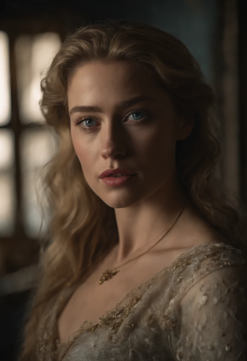 Played by Amber Heard, young nobleman stands on a snowy castle balcony overlooking a snow-covered landscape, Night, wearing a medival dress with gold details., snowy medieval atmosphere, midNoche, mysterious, snowstorm, Gothic, cinematographic,  (Masterpiece, Best quality, high resolution:1.4), 1 girl, purity, skin pores texture, Blonde hair..., hd , Photography, Movie, cinematographic, full body, realistic, (8K, raw photo, Best quality, Masterpiece:1.2), (realistic, photo-realistic:1.33), Best quality, detailed light blue eyes, cute, natural lighting, Depth of field, Movie grain, wrinkled skin, very pale skin, Sharp, detailed and realistic full body shot of a 25 years old girl faced by Amber Heard, (freckles:0. 5) , outside, wearing a white t-shirt, looking to the camera, chapped lips, soft natural lighting, Full body photography, Magic photography, dramatic lighting, Photographic realism, ultra detailed, intimate full body shot composition, Leica 50mm