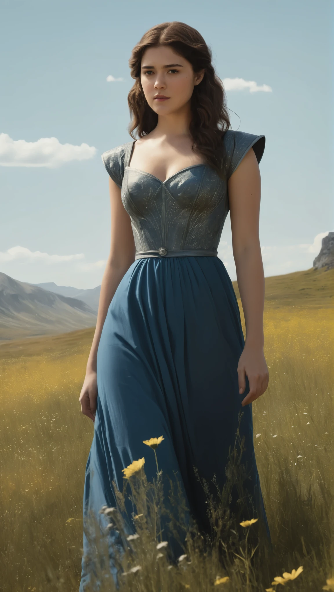 An illustrated movie poster, hand-drawn, full color, a Westerosi  girl, wearing a long regal dress, resembles Mary Elizabeth Winstead, sun-tanned complexion, tall, athletic, hourglass figure, toned midriff, bottom-heavy, generous hips, massive bubble-butt, ridiculously thick powerful thighs, dark hair, long hair, waist-length hair, posing in a field of wildflowers, hard shadows, graphite shading, stencil marks, airbrushed acrylic paint, masterpiece, in the style of Game of Thrones 