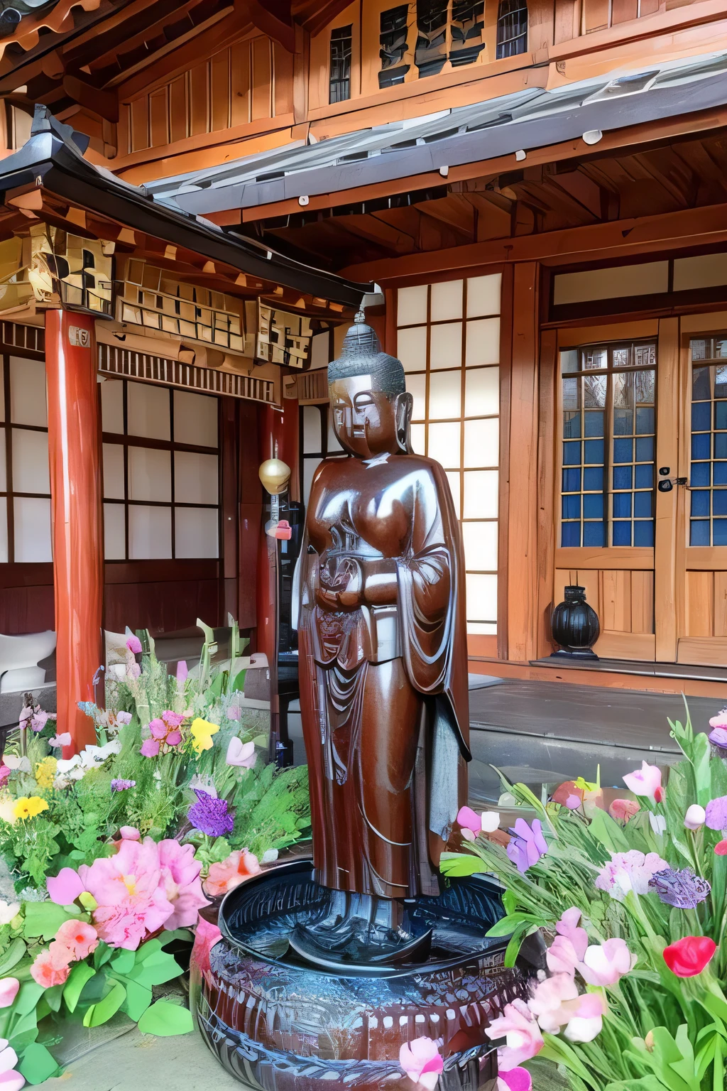 (masterpiece, highest quality:1.2), A stunningly beautiful woman standing in front of a small shrine, A statue of Kannon is placed in the center and a beautiful woman pours water into it with a ladle., photograph taken in 2 0 2 0, pour water, , community celebration, have a bell, restored, meaning, japanese buddhist ritual、, surrounding flowers々, new, staff, Big picture, 2019, November, Unedited, hakusensha