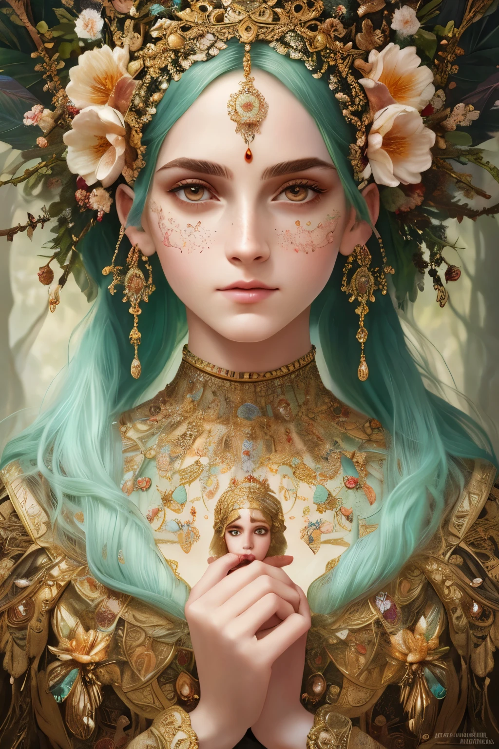 Improve the description of the image:
A stunning full-body portrait of a goddess-like figure, exuding an irresistible allure reminiscent of Emma Watson. The scene unfolds in a breathtaking landscape, adorned with intricate and detailed floral elements. Enchanting mushrooms dot the landscape, adding a touch of whimsy to the soft and ethereal visuals. The aesthetics of the artwork are truly captivating, with a focus on the goddess's face and body, highlighting every intricate detail with exceptional precision. The photorealistic portrait showcases the expert skills of renowned artists Tom Bagshaw, Sakimichan, and Android Jones, resulting in a hyper-realistic masterpiece. The artwork is a digital painting that boasts vibrant colors, smooth textures, and a level of detail that is simply