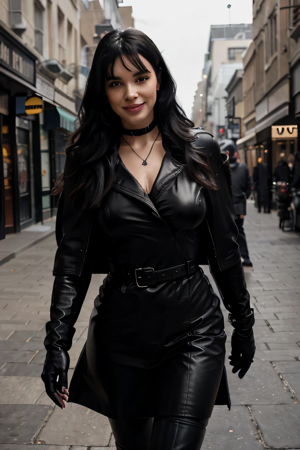 Wearing black leather gloves in both hands Upper body Black leather riders jacket Black leather skinny pants Black leather long boots Necklace on the chest wrapped in a large black cloth cloak , walking in the streets of Londo, hand bag on her sholders, snowing, winter, daylight, long curly black hair Young sweaty Bettie Page smiling, (black leather gloves cover both hands) With the fingers of black leather gloves, ,photo captured in stunning Ultra HD, 8k resolution, Nikon D850, — style raw — c 10 — ar 2:3 — s 250V