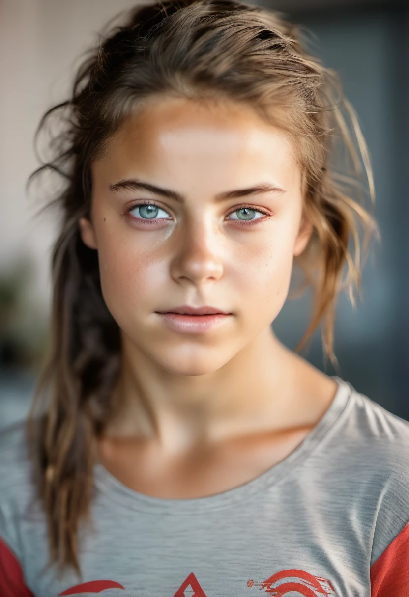 Photographie du corps entier d&#39;un grand, athletic, , (physique tonique) , cheveux longs raides rouge-brun, yeux verts, (t-shirt court) , abdos, sous les seins, Des yeux pétillants et beaux, beautiful symmetrical face, Visage mignon et innocent, sans maquillage, sans fioritures, grain de film, Dream photos, photo conceptuelle, Emotional photography, photographie argentique, photographie Realistic, Realistic, sharpness, 14k, Very detailed, cg company, Ultra-definition, Grain très fin, Dusty photos, Filtre à grains, gros seins pleins