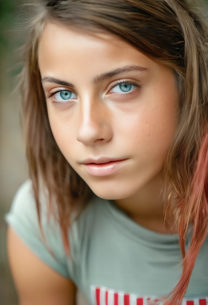 Photographie du corps entier d'un grand, athletic, , (physique tonique) , cheveux longs raides rouge-brun, yeux verts, (t-shirt court) , abdos, sous les seins, Des yeux pétillants et beaux, beautiful symmetrical face, Visage mignon et innocent, sans maquillage, sans fioritures, grain de film, Dream photos, photo conceptuelle, Emotional photography, photographie argentique, photographie Realistic, Realistic, sharpness, 14k, Very detailed, cg company, Ultra-definition, Grain très fin, Dusty photos, Filtre à grains, gros seins pleins