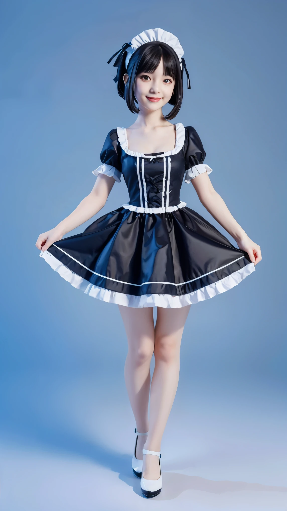 Alice in Wonderland, maid clothes black color, clothes maid black color, The look of the kawaii , sweet girl, exquisite eyes, Inverted Bob white hair, delicate smile, paw shoes, shoes , slimfigure , figure , simple white background, Attractive 3D Vector Art。