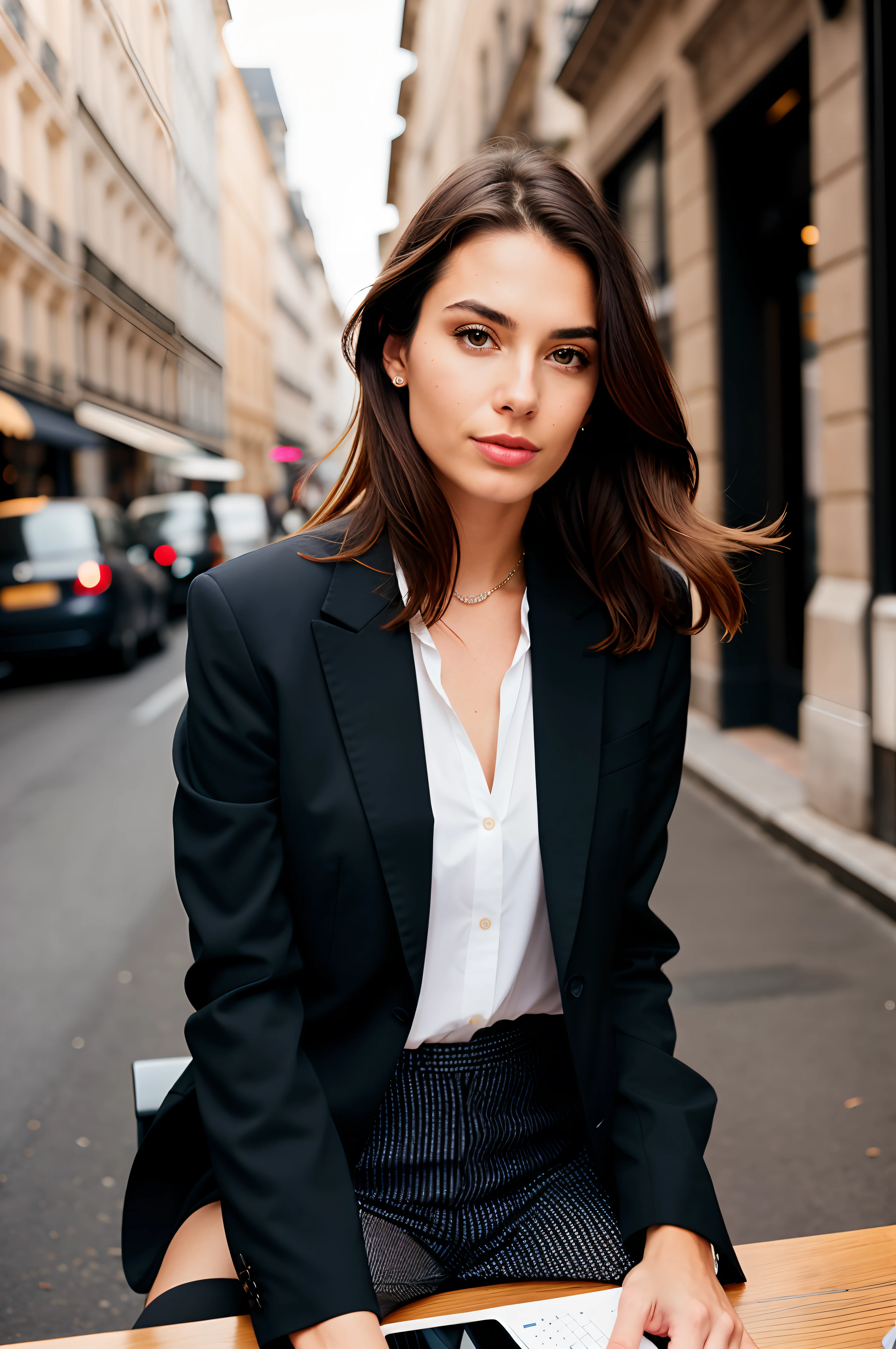 jovem de 36 anos, olhar confiante business style, com terno bege, sentado em uma mesa em frente ao computador, com cabelo na altura dos ombros, Drawn lips, olhos castanhos, beautiful woman walking down France street and looking at camera, 8k, fotos tiradas por Hasselblad + incrivelmente detalhado, nitidez, detalhes + professional lighting, photographic lighting + 50mm, 80mm, 100m + galeria do lightroom + fotografia + unsplash --ar 2:3 - (fast)