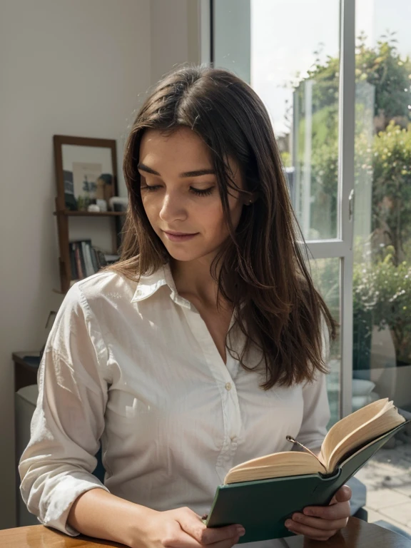 Une jeune femme se tient debout devant une grande fenêtre à carreaux, encadrée par des rideaux légers qui dansent doucement avec la brise. She is immersed in reading a book, le tenant délicatement entre ses mains, ses doigts parcourant les pages avec soin. Son visage est illuminé par la lumière douce du jour, accentuant chaque expression alors qu'elle se perd dans son histoire.
Le cadrage met l'accent sur son visage, capturant chaque nuance d'émotion qui traverse ses traits. His eyes are focused, absorbed by the words of the book, while a slight smile floats on his lips, signe de plaisir et d'engagement dans sa lecture. Sa peau semble douce et lumineuse sous la lumière naturelle, reflecting inner tranquility.
background, Through the window, on peut distinguer un paysage urbain ou naturel apaisant. Buildings or trees are silhouetted, providing a subtle contrast to the intimate scene inside. La décoration de la pièce est minimaliste mais chaleureuse, with a few decorative elements scattered here and there, ajoutant une touche de personnalité à l'espace.