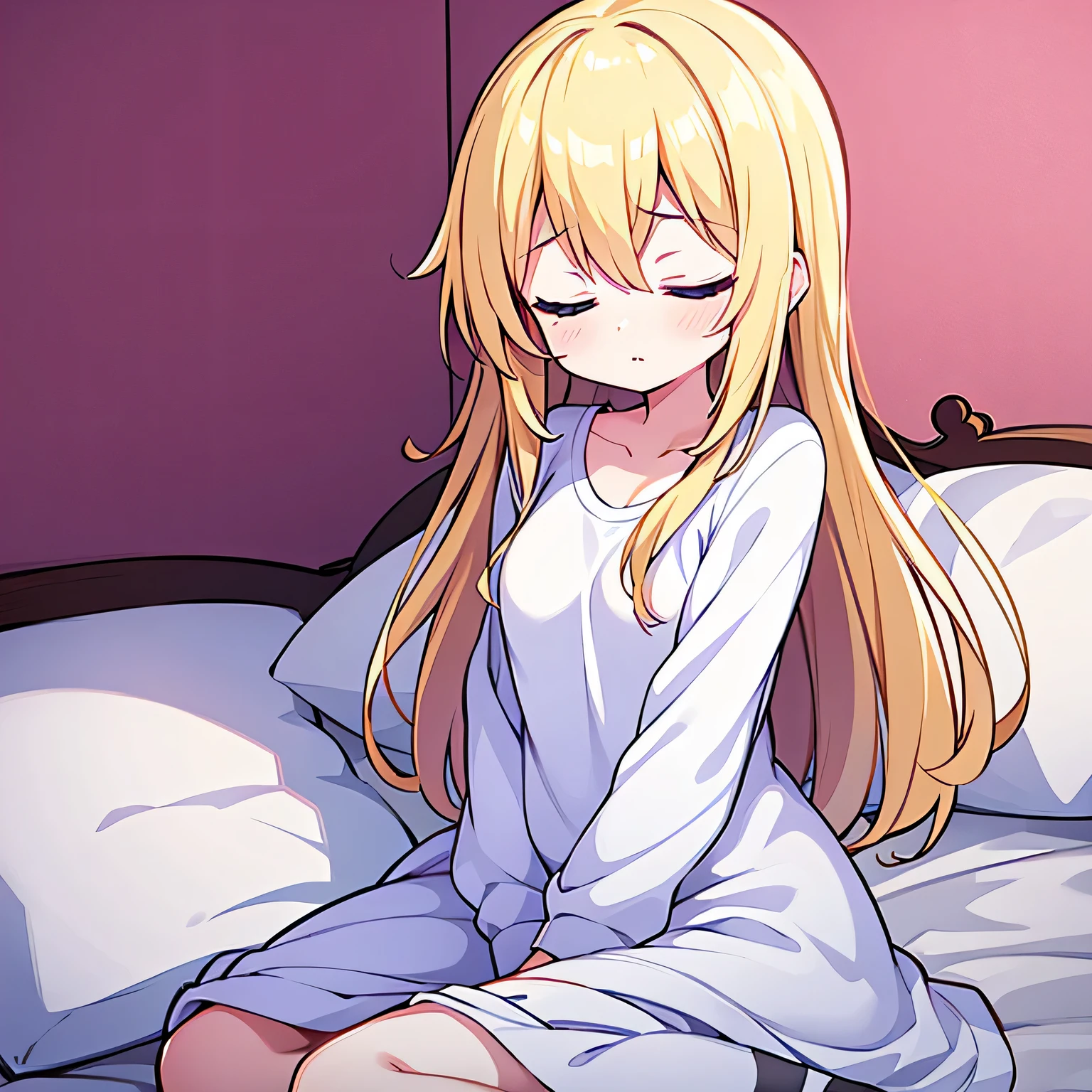 1girl, blonde hair, long hair, smooth hair, teen girl, 8k resolutions, blue eyes, masterpiece, wearing white shirt, medium breast, in house, just wake up pose, in bedroom, bed, closed eyes, pink background