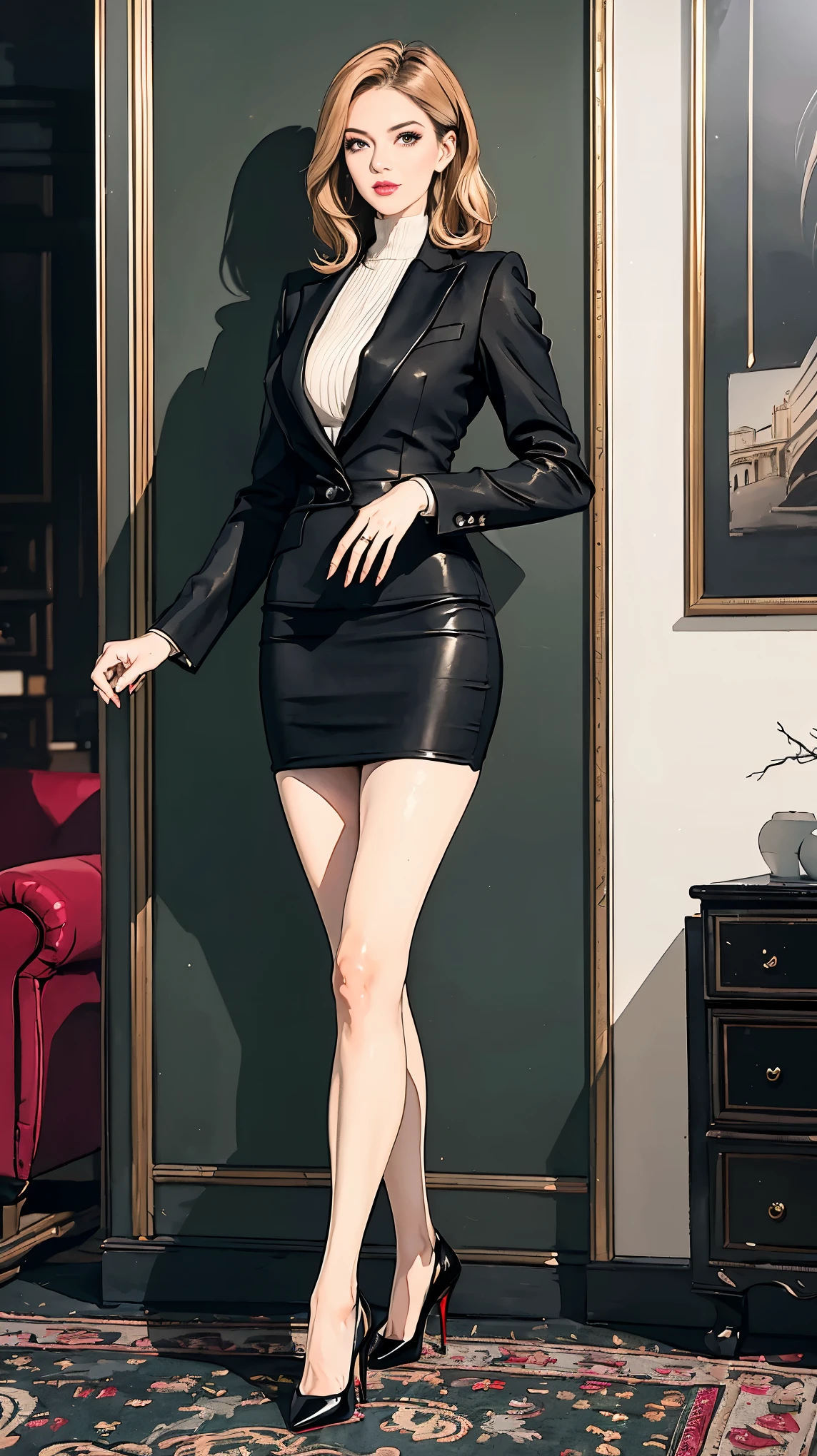 (best quality,4k,highres,masterpiece:1.2)),((character concept art)),female CEO,red velvet blazer,short fit black pencil skirt,confident gaze,seductive smile,luxurious office,modern interior design,elegant hairstyle,well-manicured nails,high heels,immaculate makeup,expensive accessories,dominant posture,natural sunlight,city skyline view,powerful aura,vibrant red colors,sleek architecture,sharp focus on details,professional ambiance,successful businesswoman,sophisticated elegance,commanding presence,crafted wooden desk,leather chair,impressive artwork hanging on the wall,impeccable fashion sense,meticulously arranged files,steel and glass structure,reflection on glossy surfaces,gleaming silver accents,subtle shadow play,graceful movements,confidently walking,aura of mystery,empowered woman,limitless potential,breathtaking confidence,inspiring success,worldly achievement,unyielding determination,luxury lifestyle,entrepreneurial spirit,extraordinary vision.  ((intricate detail)), super finely detailed hands, ultra finely detailed fingers(((ten fingers))), (standing confidently), (full body showcase), (show full body), (no logos on background), (no logo), ((plain background)), ((plain background)), (((empty background))).