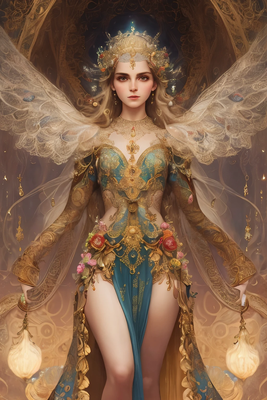 Improve the description of the image:
A stunning full-body portrait of a goddess-like figure, exuding an irresistible allure reminiscent of Emma Watson. The scene unfolds in a breathtaking landscape, adorned with intricate and detailed floral elements. Enchanting mushrooms dot the landscape, adding a touch of whimsy to the soft and ethereal visuals. The aesthetics of the artwork are truly captivating, with a focus on the goddess's face and body, highlighting every intricate detail with exceptional precision. The photorealistic portrait showcases the expert skills of renowned artists Tom Bagshaw, Sakimichan, and Android Jones, resulting in a hyper-realistic masterpiece. The artwork is a digital painting that boasts vibrant colors, smooth textures, and a level of detail that is simply