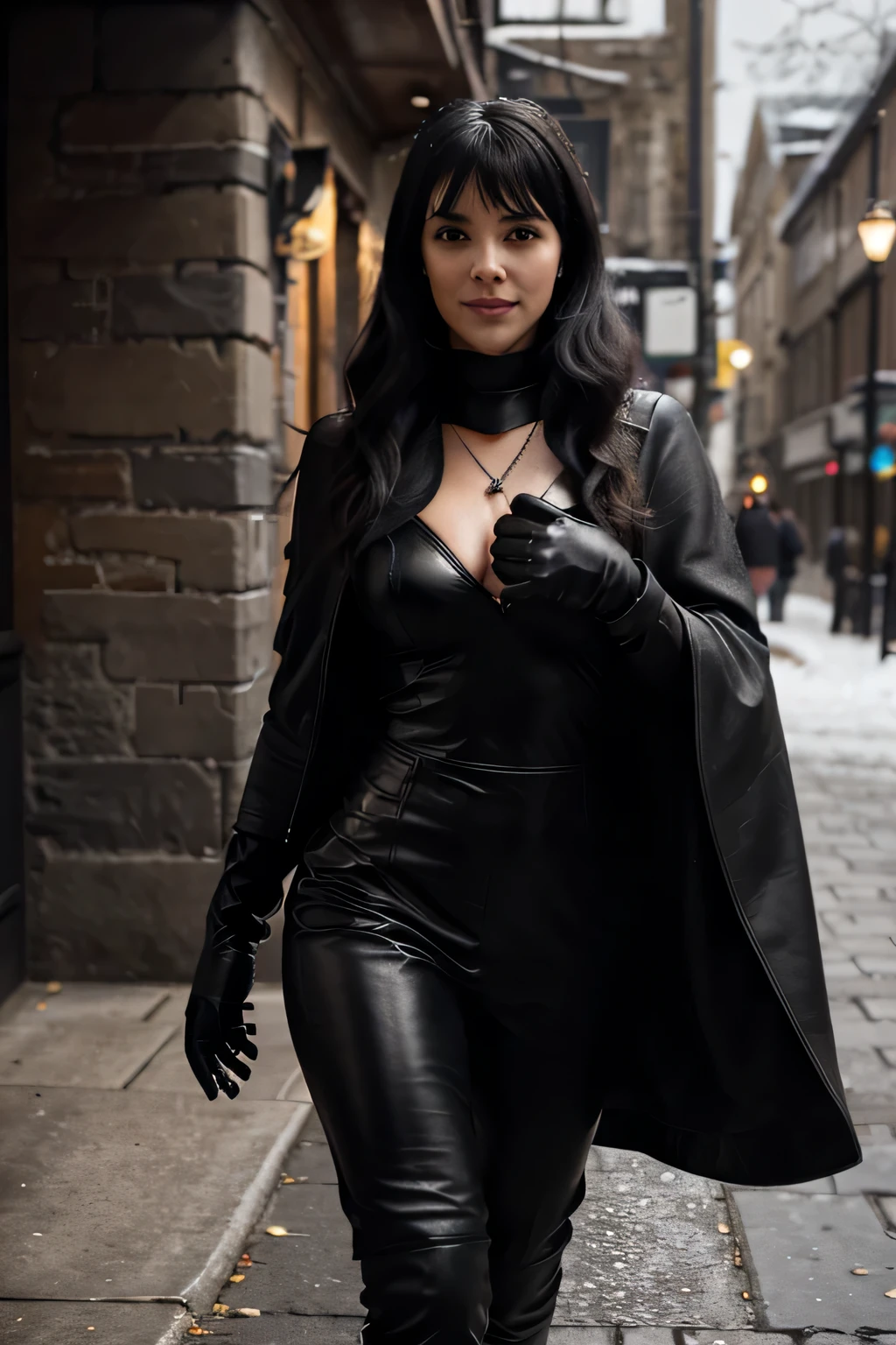 betty page smiling looking girl with and blue eyes and a large black cloak over a black leather coat soft black gloves and a skirt on the endge of a montain and the photo is taken from up front flirting with the camera, she want to make love,