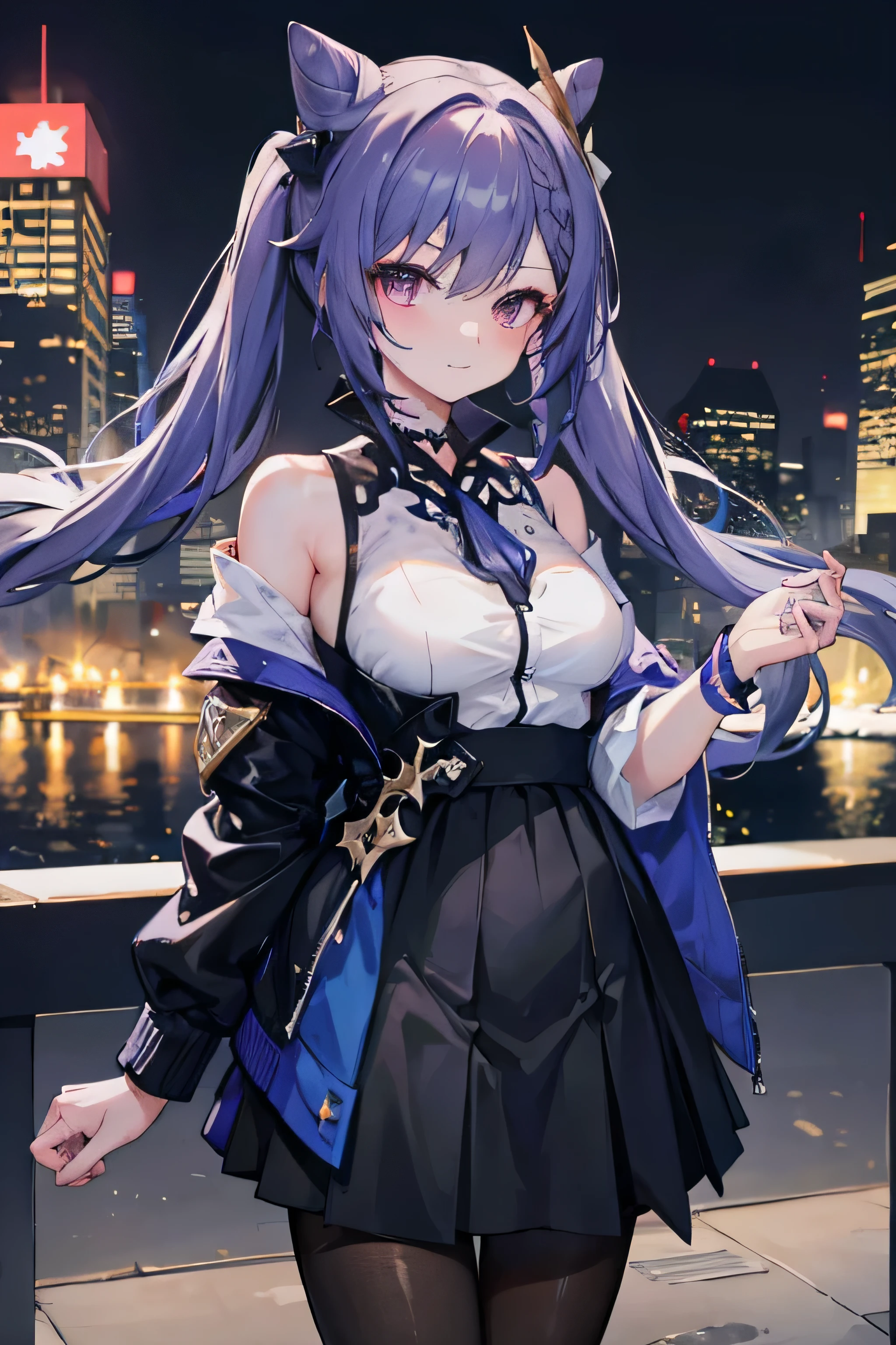 1girl, black_skirt, blue_hair, building, city, cityscape, hair_between_eyes, jacket, looking_at_viewer, medium_hair, multicolored_hair, multiple_boys, night, off_shoulder, outdoors, pleated_skirt, road, shirt, skirt, skyscraper, smile, solo_focus, street, white_shirt