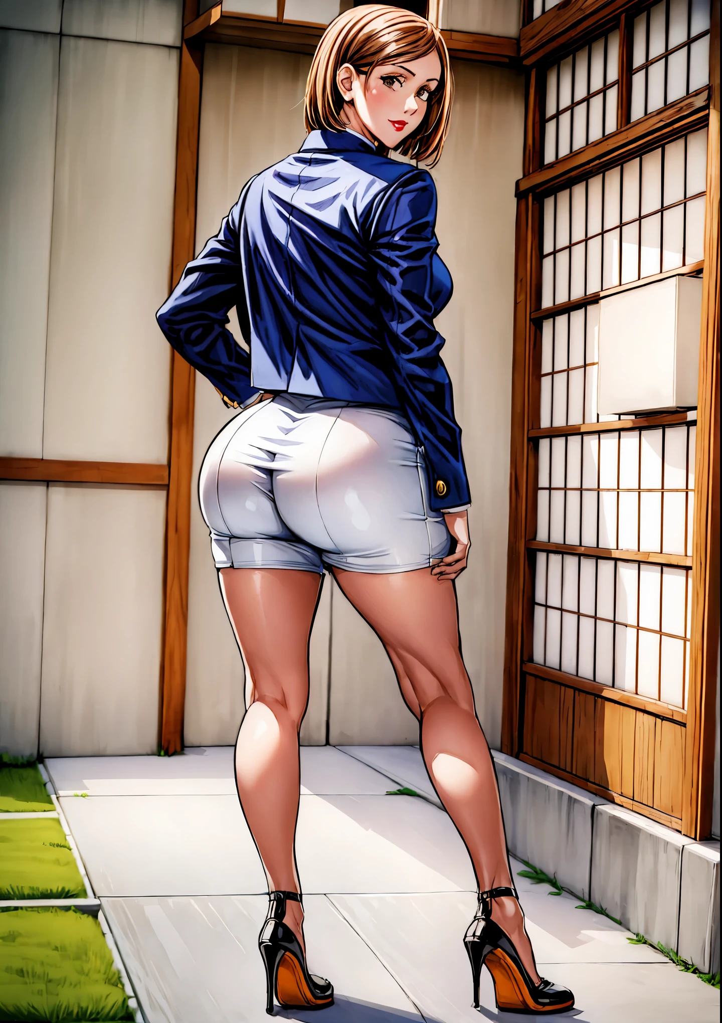 anime - style picture of a woman in high - waisted shorts and heels, cutesexyrobutts, thick thigs, beautiful anime girl squatting, bending over, thick thighs, thicc, oppai, giantess art, large thighs, thighs!!!, shapely derriere, thick legs, rear-shot, looking from behind, low view, best quality, masterprice, 1girl, (solo:1.1), raytracing, ultra detailed,detailed face, 8k wallpaper, large breasts, smile, wide hips, NobaraNDV, brown hair, brown eyes, jujuntsu uniform, standing, outdoor, street, detailed background, (ultra detailed:1.2), thicc body, red lips, gaze looking at the camera,