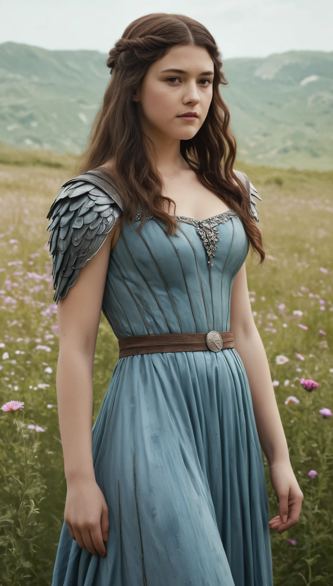 An illustrated movie poster, hand-drawn, full color, a Westerosi teen girl, wearing a long regal dress, resembles Mary Elizabeth Winstead, sun-tanned complexion, tall, athletic, hourglass figure, toned midriff, bottom-heavy, generous hips, massive bubble-butt, ridiculously thick powerful thighs, dark hair, long hair, waist-length hair, posing in a field of wildflowers, hard shadows, graphite shading, stencil marks, airbrushed acrylic paint, masterpiece, in the style of Game of Thrones