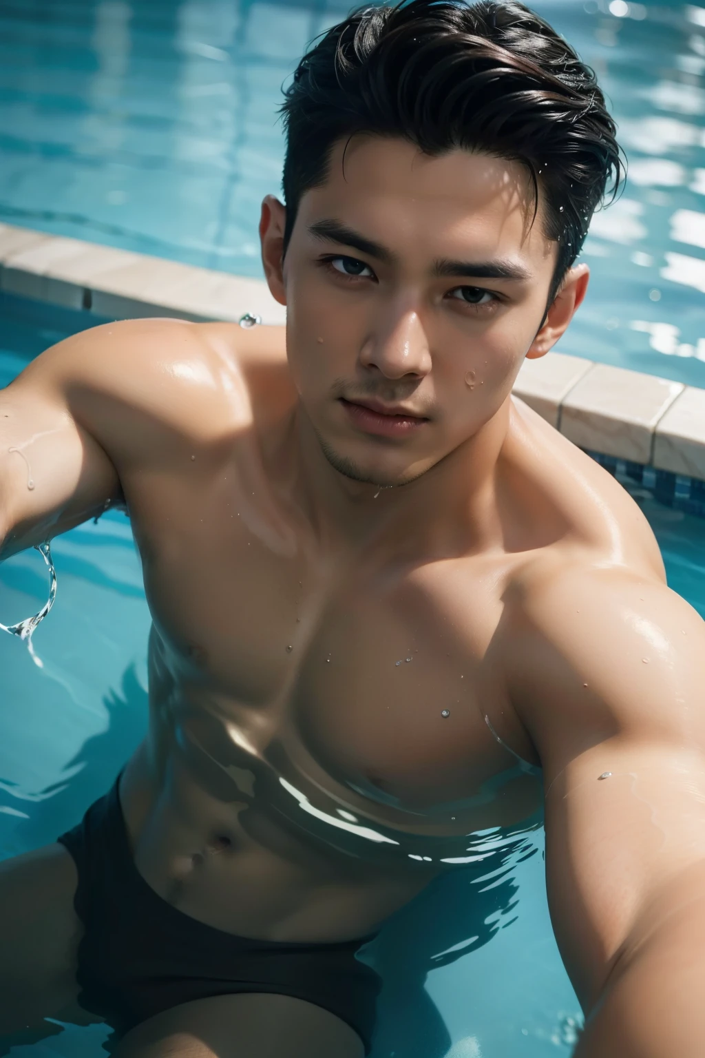 High angle shot photo, High angle view from above, Ultra detailed photo of face of handsome man, rise from water, water up to his shoulder, the pool, looking to the camera, splashing water and water drops, high angle view, high angle shot, splashing waters and water drops around him, hyper realistic, photorealistic, chiaroscuro, high angle view, man in pool, splashing waters
