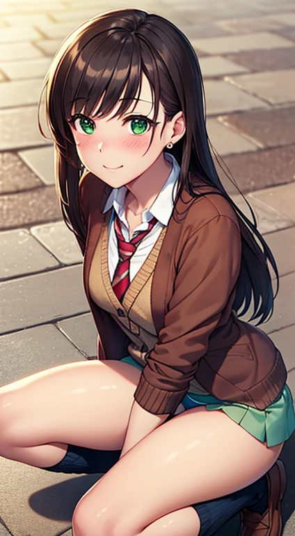 ((masterpiece, highest quality, High resolution, UHD, perfect pixel, written boundary depth, 4k, RTX, HDR))), 1 girl, ((long hair, bangs,black hair, ponytail、earrings、curly hair:0.8)), ((green eyes:1.4, round eyes, beautiful eyelashes, realistic eyes)), ((detailed face, blush:1.2)), ((smooth texture:0.75, realistic texture:0.65, realistic:1.1, Anime CG style)), Low - Angle, from below、multiple views、perfect body, ((throw, close)), ((red tie, , brown cardigan, black jacket, open jacket, white shirt,embroidered panties、 Blue check pattern super mini skirt、loose socks)), smile, amusement park, Cherry Blossom、sit、open legs