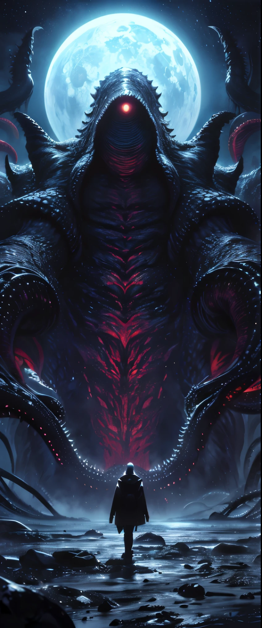((masterpiece, highest quality, Highest image quality, High resolution, photorealistic, Raw photo, 8K)), people taking pictures of a giant creature with their cell phones, lovecraftian background, lovecraftian atmosphere, giant cthulhu, huge creature, gigantic cthulhu, giant ethereal creature, eldritch being, lovecraftian monster, giant tentacles, an ominous fantasy illustration, looming creature with a long, nyarlathotep, lovecraftian landscape,