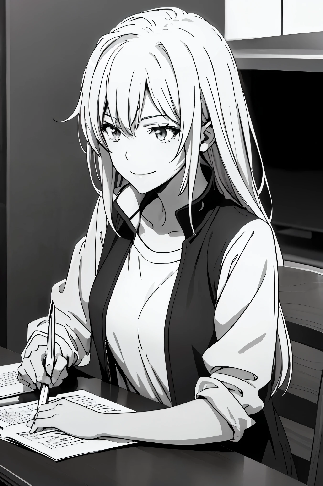 anime girl sitting at a table with her hands folded over her shoulder, cool shading, detailed manga style, black and white manga panel, simple shading, female protagonist 👀 :8, holding a sword on her shoulder, anime shading), roguish smirk, black and white manga style, black and white manga page, striking manga artstyle, teasing smile