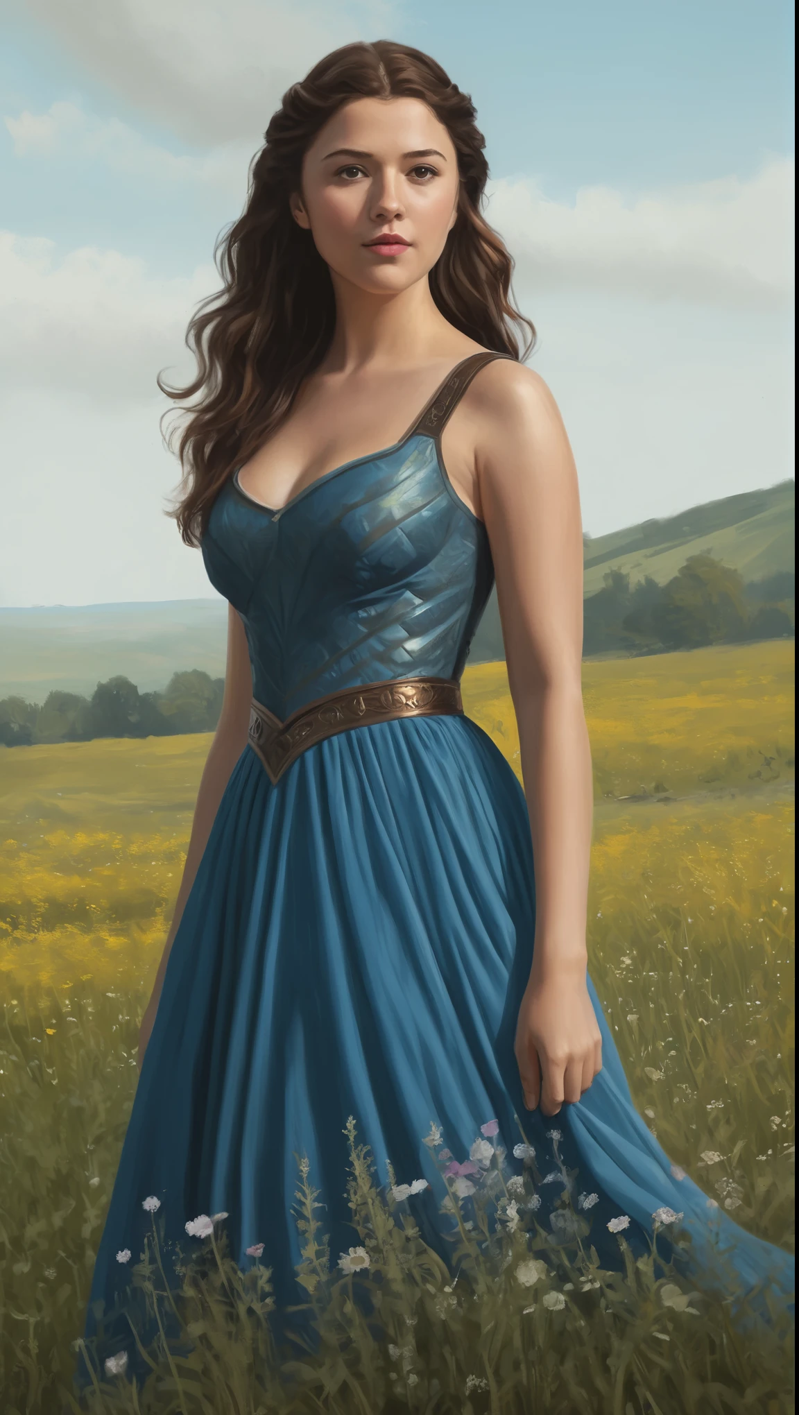 An illustrated movie poster, hand-drawn, full color, a Westerosi  girl, wearing a long regal dress, resembles Mary Elizabeth Winstead, sun-tanned complexion, tall, athletic, hourglass figure, toned midriff, bottom-heavy, generous hips, massive bubble-butt, ridiculously thick powerful thighs, dark hair, long hair, waist-length hair, posing in a field of wildflowers, hard shadows, graphite shading, stencil marks, airbrushed acrylic paint, masterpiece, in the style of Game of Thrones 