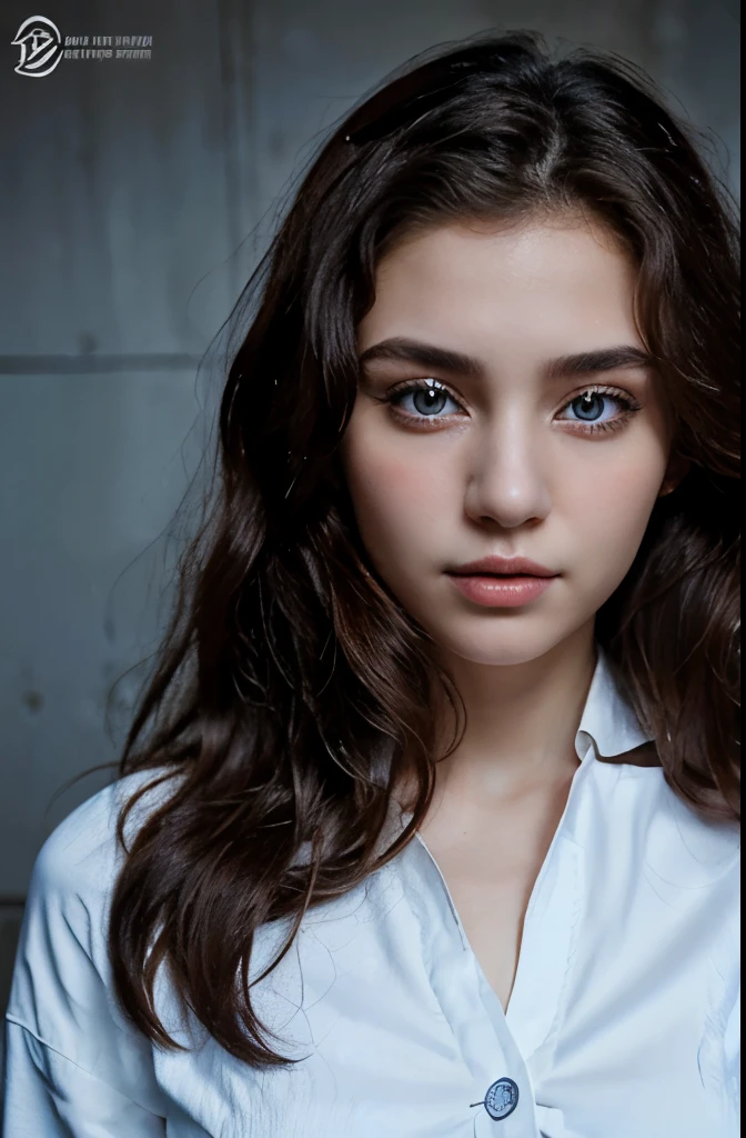 Draw me a picture of a 20-year-old Chechen girl with a realistic white face and eyes, a clean, shiny face, a charming beauty, a dark curly hair, blue eyes, a dark Chinese blouse and a white jacket

The photo should be portrait and high quality, such as fashion or attractive actors