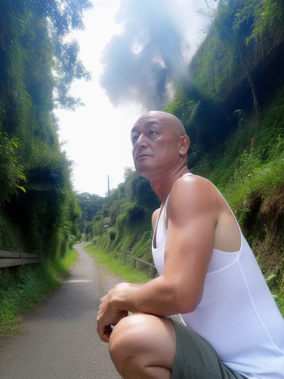 cowboy shot, 1 person,On the mountain path,dark,evening, Front view, (looking at the viewer,60歳male性、male,Bald,Japanese,Tank top, bottomless,geta,whites fundoshi, sweat vapor,embarrassing,squat),Women&#39;s stories