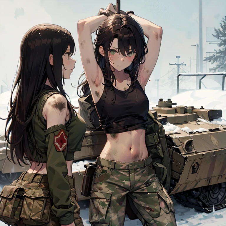 A group of  female soldiers, (in snow storm), various hair styles, tank top, harem, beautiful leg, midriff, camouflage military trousers, showings off armpits, seducing, bdsm, dirty