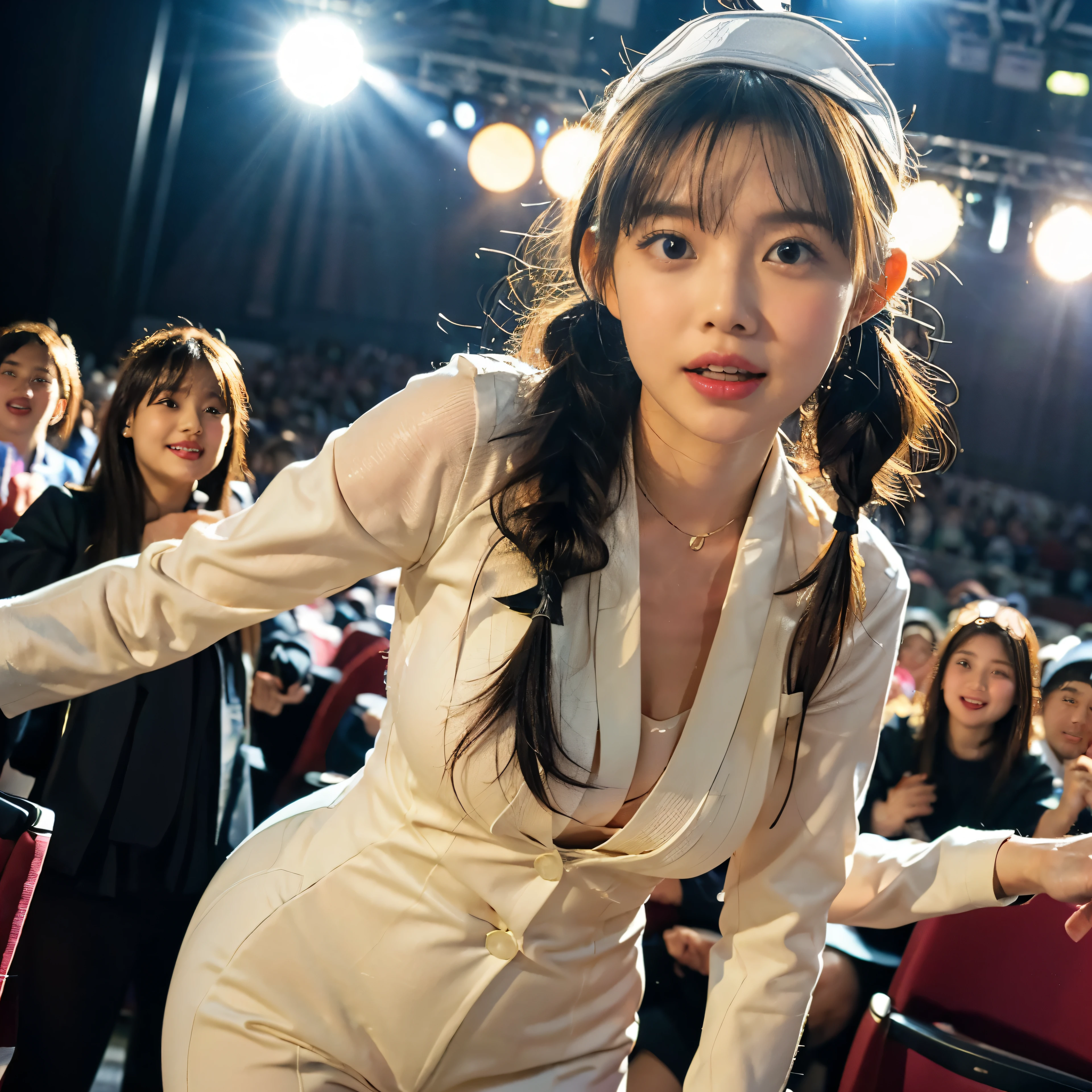 ((masterpiece、highest quality))、shape、Ultra-detailed 8K、realistic、sharp focus、very detailed、professional lighting、colorful details、detailed face、detailed expression、excited look、A young and beautiful Japanese woman stands in front of an audience、18-year-old、shine、intricate details、((correct anatomy 1.5))、((please open your mouth))、((sweating))、((Tight flight attendant costume play:1.5)、Part of an idol group、(Dancing at concerts:1.5)、twin tails、Hair is moving、looking at camera、Spotlight、tanakahitomi