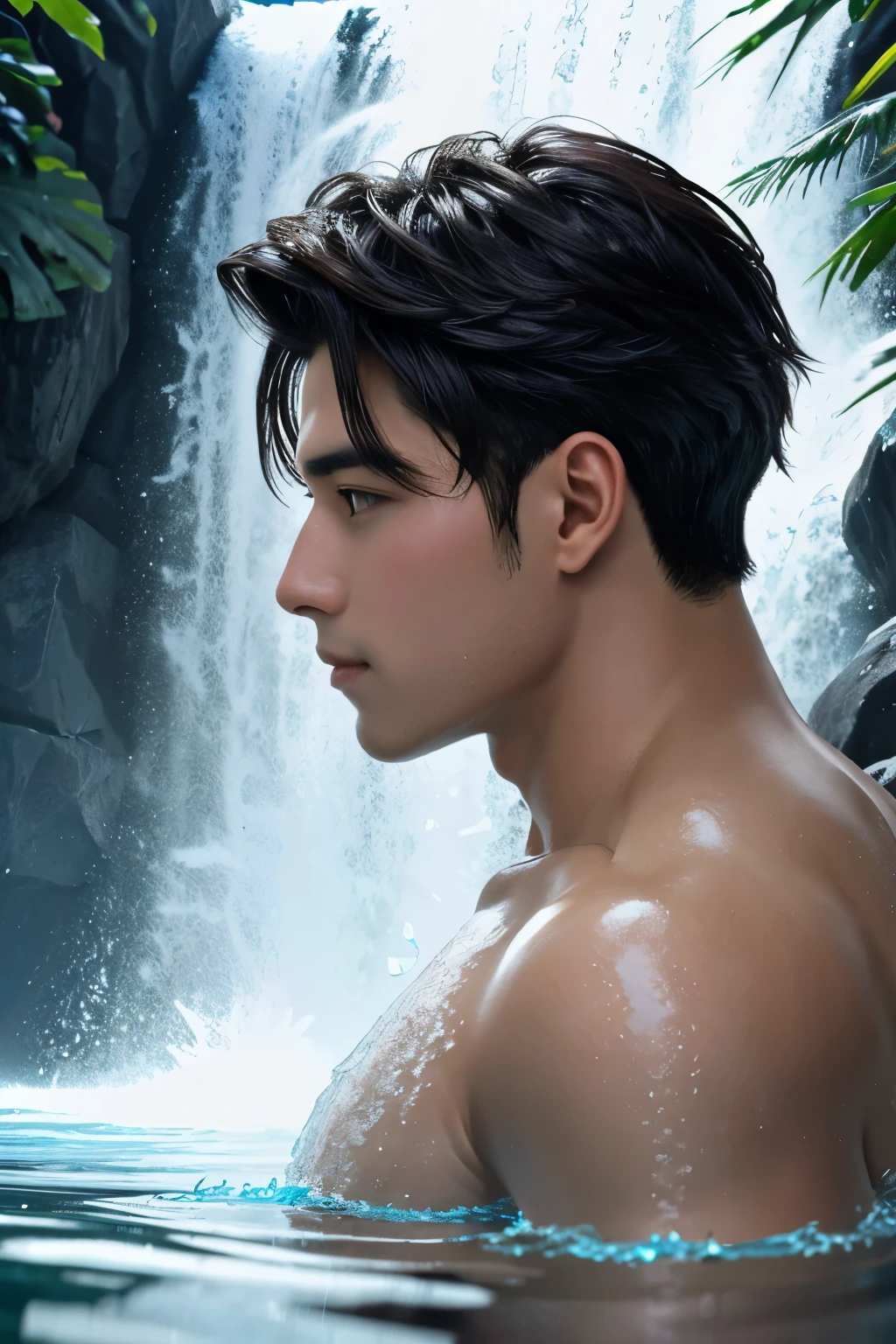 Handsome sexy Man bathing under water falling from a waterfall. Side view. Crystal clear water. Hyper-detailed. High quality. 8k