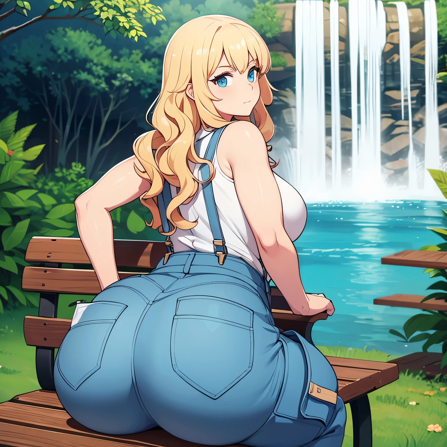 Beautiful peach skinned woman with long blonde fluffy wavy curly hair, wearing cargo pants and blue overalls, gazing at a waterfall on the bench , huge butt
