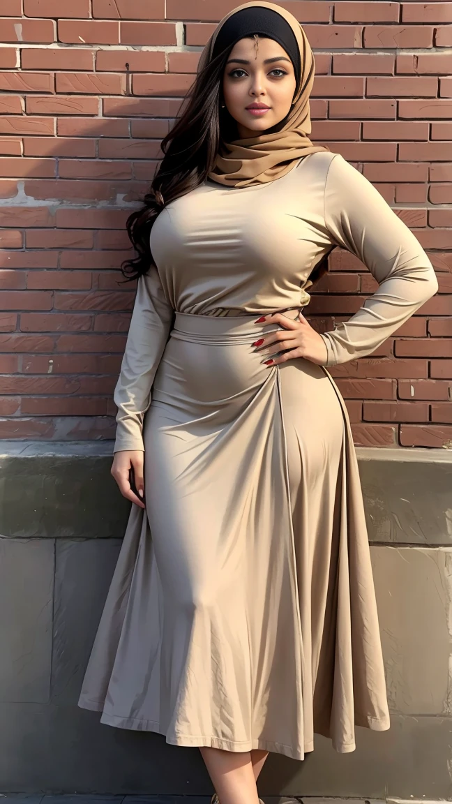 RAW, Best quality, high resolution, masterpiece: 1.3), beautiful Aishwarya rai in hijab, Masterpiece, perfect fit body, big breasts, massive cleavage, thick thighs, beautiful big eyes, Soft smile, muslim woman in a brown top and beige skirt leaning against a brick wall, with lovely look, wearing a fisher 🧥, 🤠 using a 🖥, taupe, long skirt, City parks, Great lighting, Bright colors, Ultra realistic clean lines, very realistic