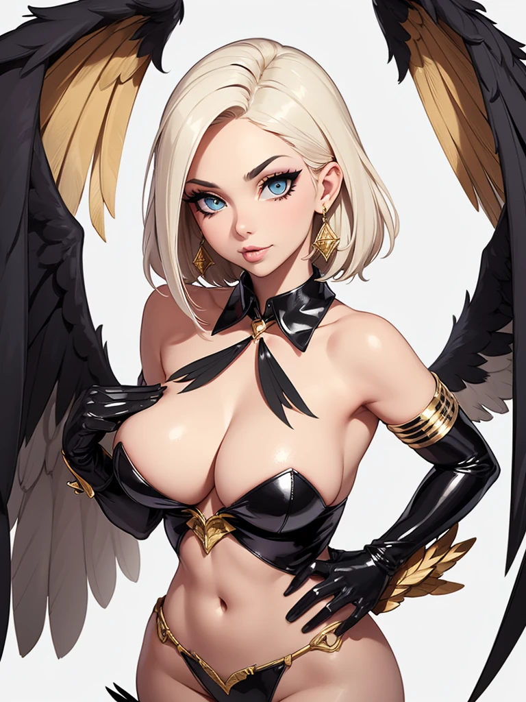 Naughty Nelly ,smooth tits, bare hips, bare shoulders, black wings, detached collar, elbow gloves, feathered wings, gloves, gold trim, high collar, hip vent, jewelry, low wings, white gloves, wings, makeup, solo, medium tits, super climax eyes, sexy mouth,