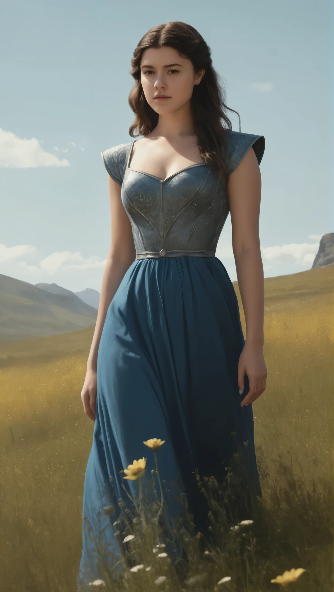 An illustrated movie poster, hand-drawn, full color, a Westerosi girl, wearing a long regal dress, resembles Mary Elizabeth Winstead, sun-tanned complexion, tall, athletic, hourglass figure, toned midriff, bottom-heavy, generous hips, massive bubble-butt, ridiculously thick powerful thighs, dark hair, long hair, waist-length hair, posing in a field of wildflowers, hard shadows, graphite shading, stencil marks, airbrushed acrylic paint, masterpiece, in the style of Game of Thrones