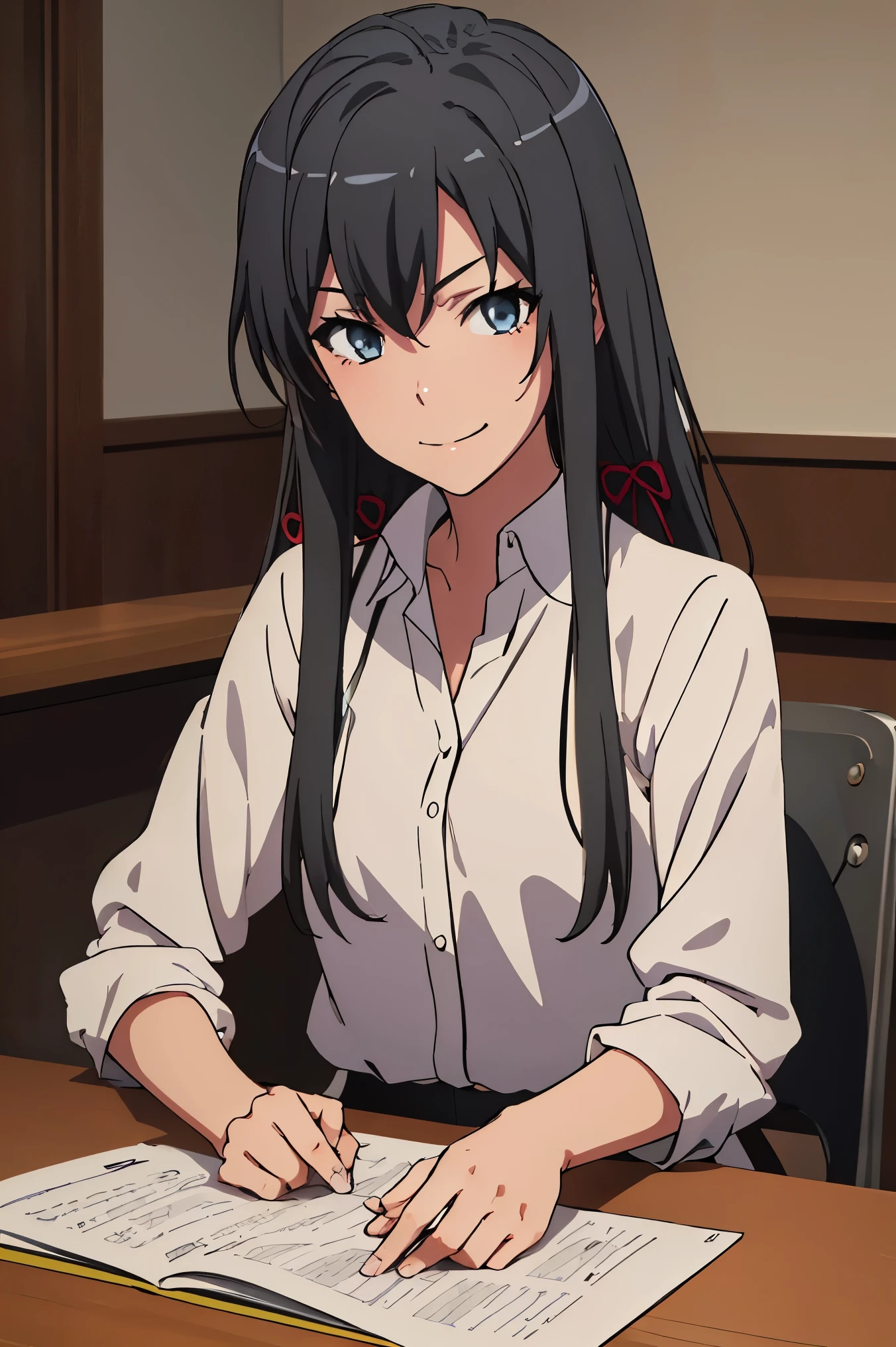 anime girl sitting at a table with her hands folded over her shoulder, cool shading, detailed manga style, simple shading, female protagonist 👀 :8, holding a sword on her shoulder, anime shading), roguish smirk, striking manga artstyle, teasing smile