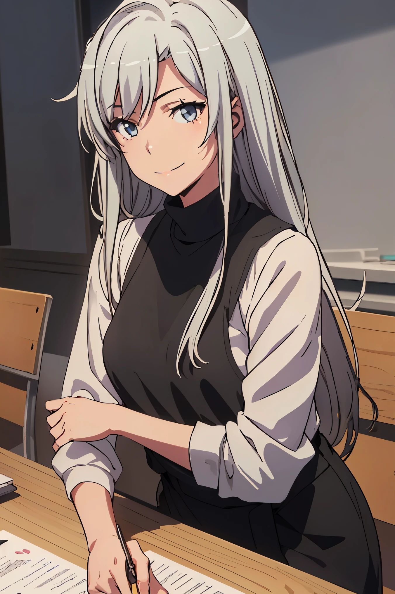 anime girl sitting at a table with her hands folded over her shoulder, cool shading, detailed manga style, simple shading, female protagonist 👀 :8, holding a sword on her shoulder, anime shading), roguish smirk, striking manga artstyle, teasing smile