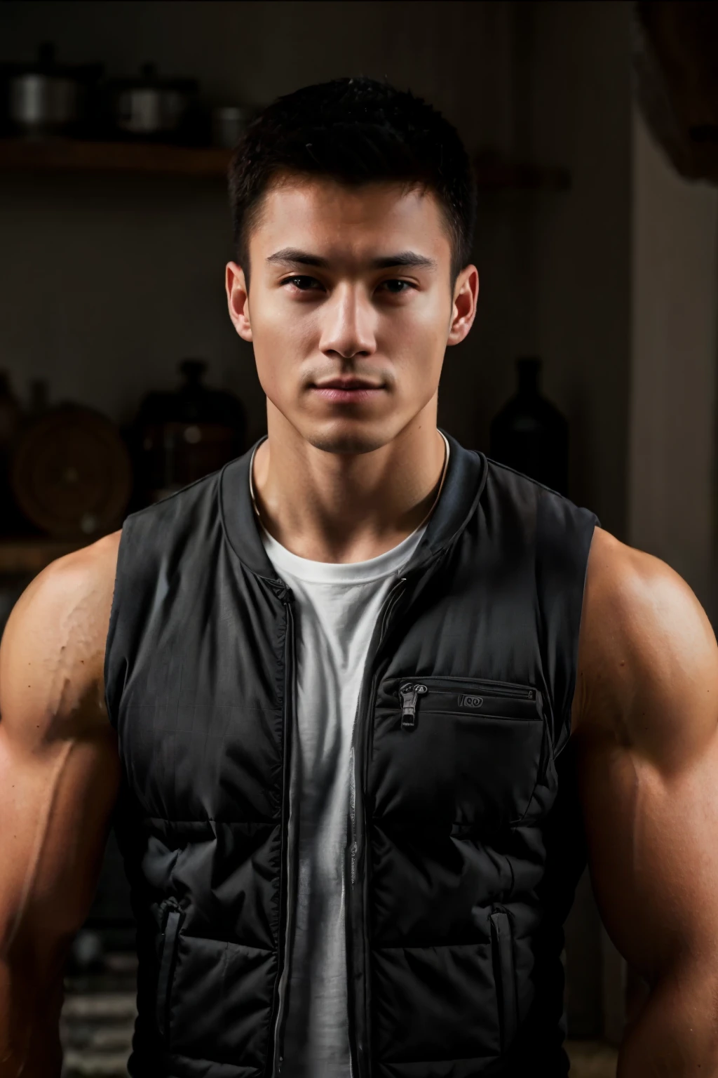 1man，A 20-year-old muscular man with a scumbag，Wear a vest，Upper body，gentlesoftlighting，tmasterpiece，best qualtiy，8K  UHD，digital SLR camera，filmgrain，Midjourney and greg rutkowski's Fujifilm XT3 realistic painting art