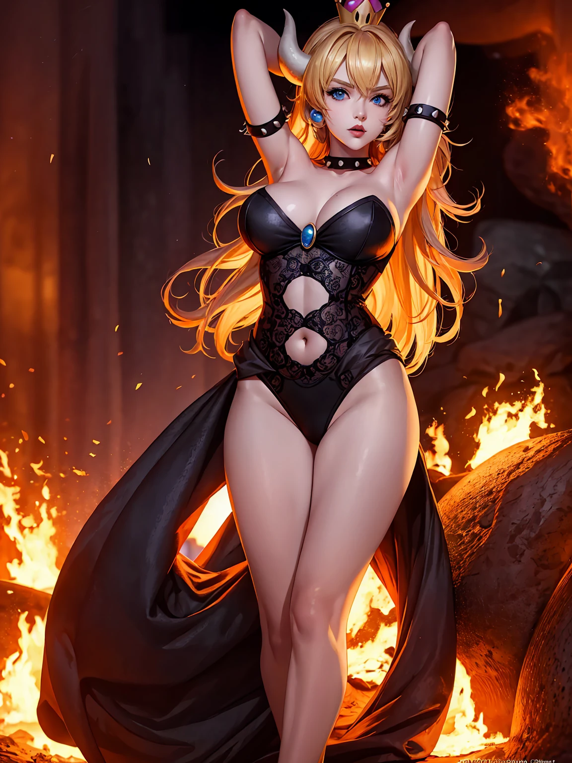 ((high detailed, best quality, 4k, masterpiece, hd:1.3)), ((best quality)), (((HD))), (((8k))), (ultraDH), (ultra HD), Princess Daisy, blue eyes, BREAK blue eyes, seductive, attractive, smooth anime cg art, 36C breasts, long legs, vivid colors, detailed digital art, slim body, perfect skin, dark blonde hair, long hair, blonde hair, blonde hair, BREAK crown, cleavage, 36C cleavage, looking at viewer, BREAK looking at viewer, extremely detailed face, red santa suit, red santa claus suit, santa claus suit, earrings, gem, dark black makeup lips, dark gothic eyeshadows, dark eyeshadows, black eyeshadows, black sexy lips, black lips, (dark:1.2), dark lips, very dark lips, (perfect hands, perfect anatomy), black makeup, black medium lips, black thick lips, detailed fingers, five fingers per hand, 5 fingers, (1 girl), detailed lips, detailed black lips, black painted lips, gothic painted lips, BREAK night, night sky, (breast focus), (arms outstreched:1.2), (from above:1.1), (breasts out:1.3), (off shoulder:1.1), (white horns), (lingerie), inside a lava castle, she inside a sea of lava, she bathing in lava, full body, perfect long legs, perfect foots, legs and foots into the lava,
