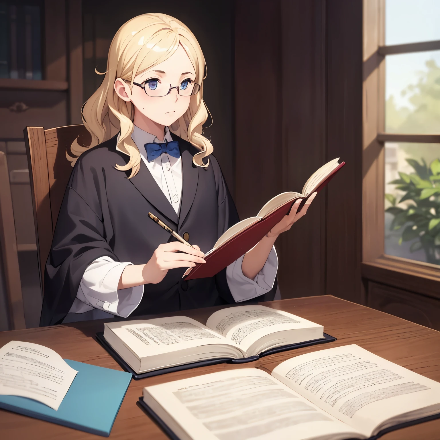 Protege, Young prodigy, Blonde curls, Glasses, Book in hand, (Masterpiece), ((Best quality)), Ultra-detailed, (Intellectually brilliant), Bright eyes, Deep in thought, (Studious expression), Academic robe, Pencil behind ear, Satchel on back, Solo, Kneeling on cushioned floor, ((Absorbed in knowledge)), Old masterwatching, ((Mentor's guidance)), (Warm and welcoming atmosphere), 4K, 60FPS, Crisp and clear, ((Continuous learning)), ((Passionate for knowledge))