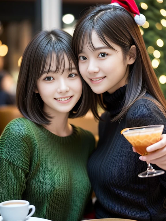 (Close up portrait of two side-up hair girls in winter colorful knitted sweaters and black shirts。:1.5)、(Girls celebrate Christmas、Smiling and drinking a cocktail in a cafe at night:1.5)、( blurred background,:1.5)、(perfect anatomy:1.3)、(full hand:1.3)、(full finger:1.3)、Photoreal、RAW photo、table top、highest quality、High resolution、delicate and beautiful、perfect face、detailed and beautiful eyes、Fair skin、real human skin、((thin legs))