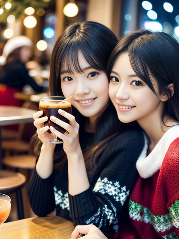 (Close up portrait of two side-up hair girls in winter colorful knitted sweaters and black shirts。:1.5)、(Girls celebrate Christmas、Smiling and drinking a cocktail in a cafe at night:1.5)、( blurred background,:1.5)、(perfect anatomy:1.3)、(full hand:1.3)、(full finger:1.3)、Photoreal、RAW photo、table top、highest quality、High resolution、delicate and beautiful、perfect face、detailed and beautiful eyes、Fair skin、real human skin、((thin legs))