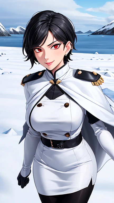 (masterpiece, best quality, ultra detailed, absurdres, looking at viewer)1.5, 1girl, (sexy, beautiful woman, perfect face, perfect eyes, perfect female body)1.5, (JuliaBloodstone, short hair, earrings, black hair, red eyes, mature female, milf, extremely detailed clothes, smile, white uniform, black gloves, white pencil skirt, black pantyhose, thigh boots, white cape,  outdoors, arctic landscape