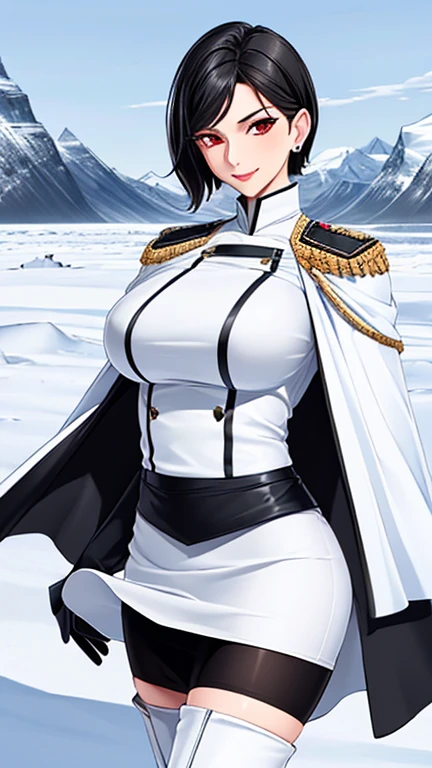 (masterpiece, best quality, ultra detailed, absurdres, looking at viewer)1.5, 1girl, (sexy, beautiful woman, perfect face, perfect eyes, perfect female body)1.5, (JuliaBloodstone, short hair, earrings, black hair, red eyes, mature female, milf, extremely detailed clothes, smile, white uniform, black gloves, white pencil skirt, black pantyhose, thigh boots, white cape,  outdoors, arctic landscape