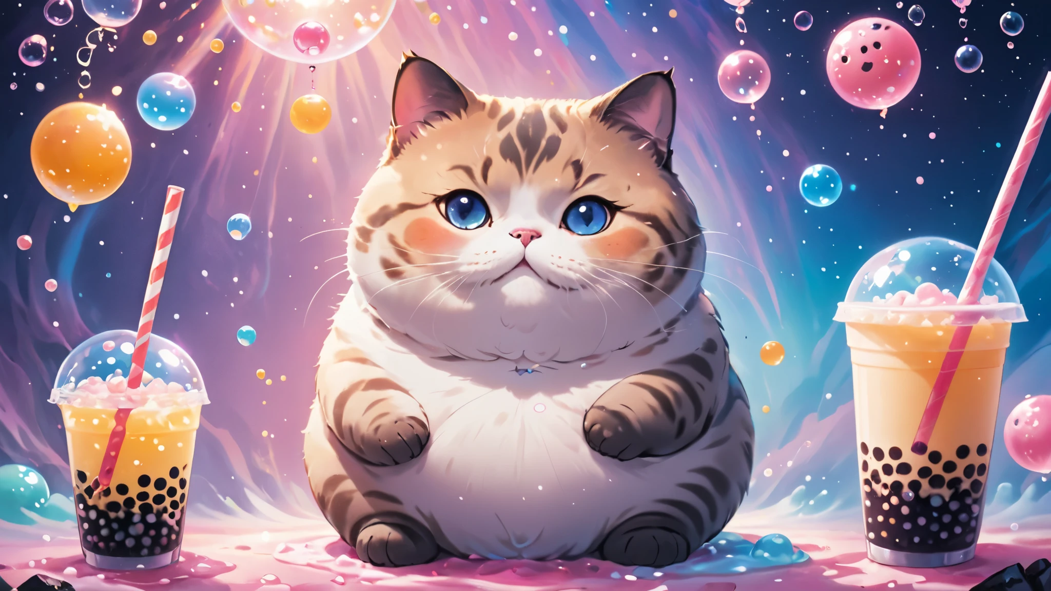cosmic canvas,flawless, clean, masterpiece, professional artwork, famous artwork, painting of a chubby cat, ( bubble tea background),