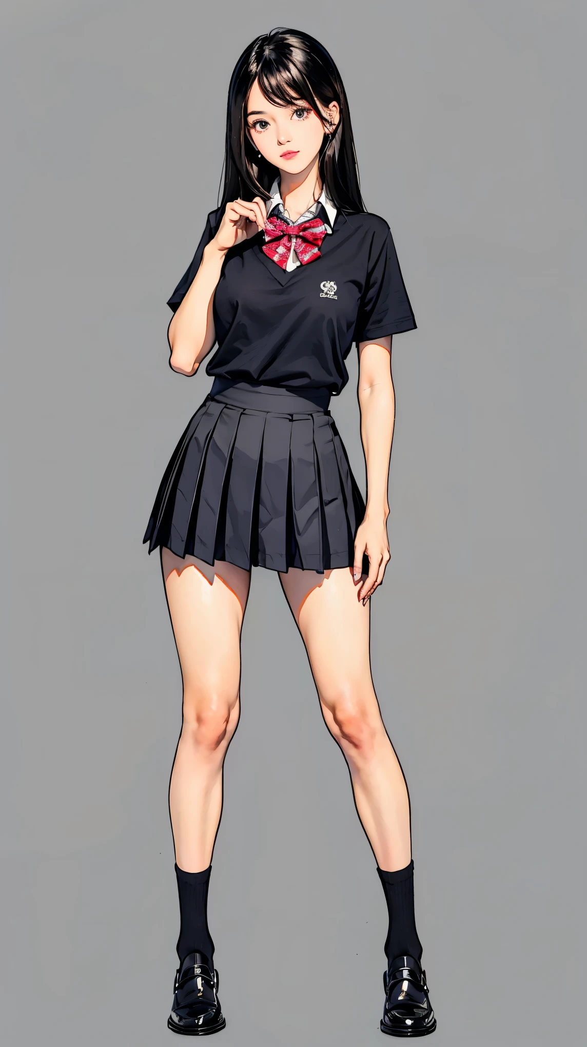 ((best quality,4k,highres,masterpiece:1.2)),((character concept art)), 1 female, teenage female, 15-year-old Asian beauty queen, ((black shoulder-length hair)), black hair, (fair skin colour), ultra finely detailed eyes (black eyes colour), innocent, beautiful, , slim body build, ((intricate detail)), super finely detailed hands, ultra finely detailed fingers(((ten fingers))), wearing white short sleeves school shirt with bowtie, gray school skirt, knee-length school socks, and black school loafers, (standing casually), (full body showcase), (show full body), (no logos on background), (no logo), ((plain background)), ((plain background)), (((empty background)))