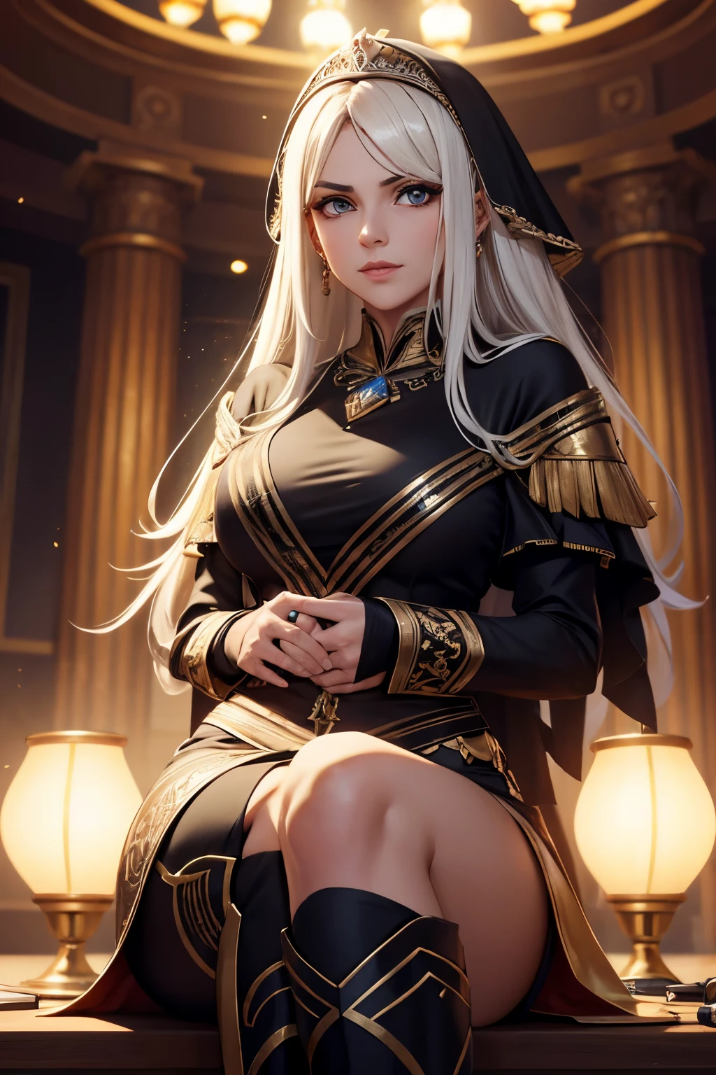 An albino woman with red eyes, extremely long hair, dressed in gold with flowers, pink lips, calm look, He is 40 years old. She is beautiful and sitting in a palace garden. Looks like a magical being 