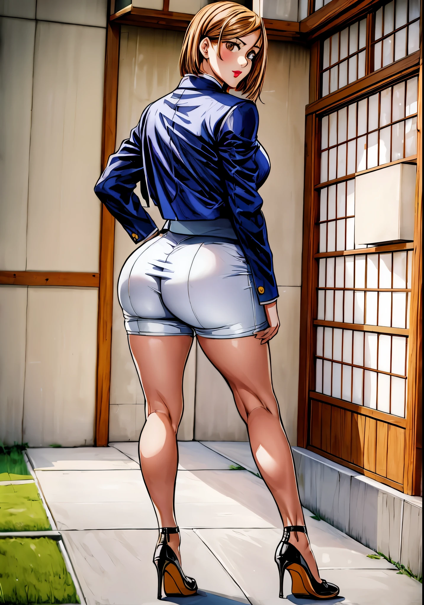 anime - style picture of a woman in high - waisted shorts and heels, cutesexyrobutts, thick thigs, beautiful anime girl squatting, bending over, thick thighs, thicc, oppai, giantess art, large thighs, thighs!!!, shapely derriere, thick legs, rear-shot, looking from behind, low view, best quality, masterprice, 1girl, (solo:1.1), raytracing, ultra detailed,detailed face, 8k wallpaper, large breasts, smile, wide hips, NobaraNDV, brown hair, brown eyes, jujuntsu uniform, standing, outdoor, street, detailed background, (ultra detailed:1.2), thicc body, red lips, gaze looking at the camera,