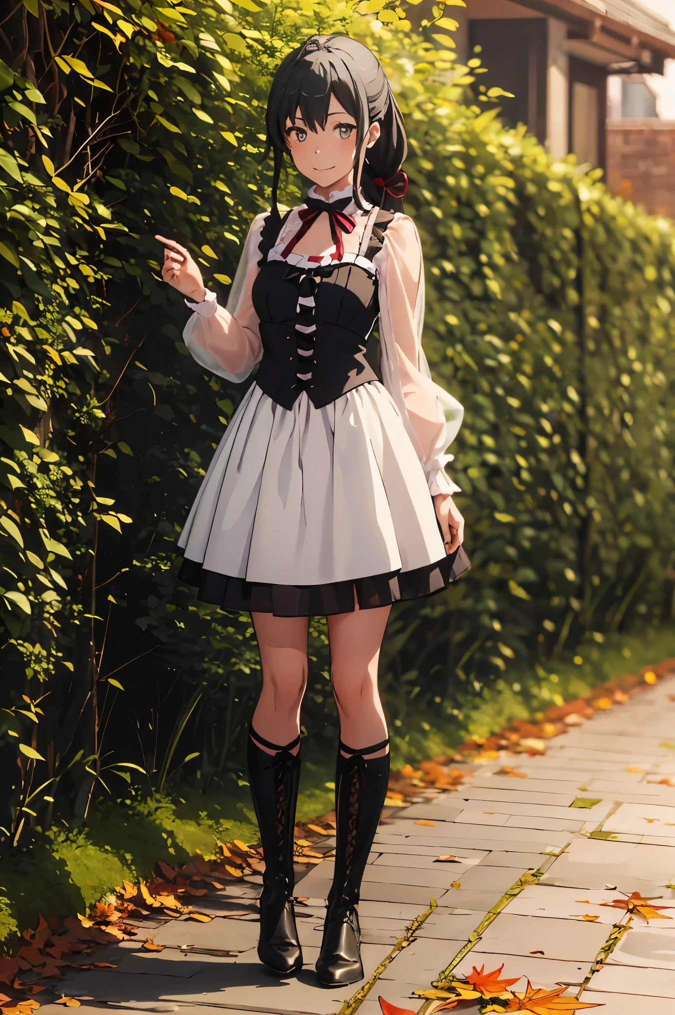 1 girl, solo, hair_ponytail ribbon,Black hair, eyes blue, long hair, smile , Yukinoshita Yukino in a dress and boots standing against a wall, a pastel by Kamagurka, tumblr, shin hanga, 🍂 cute, in a halloween style, rin, fullbody photo, full dress, in detailed steampunk dress, , full body picture, ****ta style, ayaka cosplay, 8k)), ****ta fashion, 🍁 cute