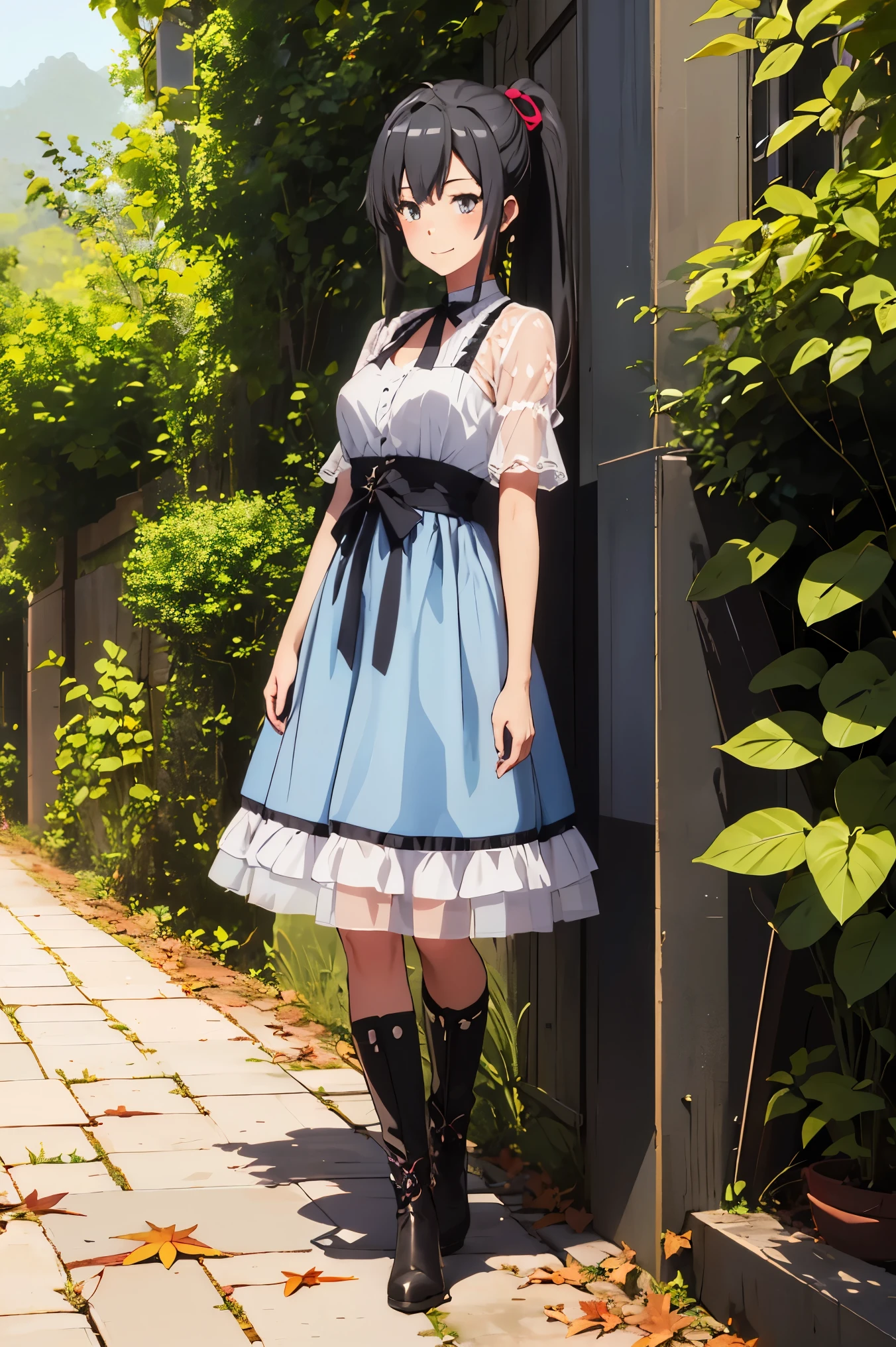 1 girl, solo, hair_ponytail ribbon,Black hair, eyes blue, long hair, smile , Yukinoshita Yukino in a dress and boots standing against a wall, a pastel by Kamagurka, tumblr, shin hanga, 🍂 cute, in a halloween style, rin, fullbody photo, full dress, in detailed steampunk dress, , full body picture, ****ta style, ayaka cosplay, 8k)), ****ta fashion, 🍁 cute